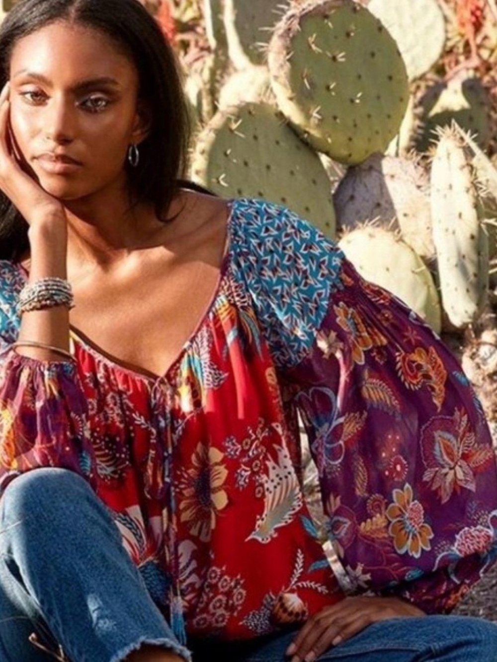 Johnny Was Tasha Red Multi Floral Peasant Blouse - Picture 2 of 8